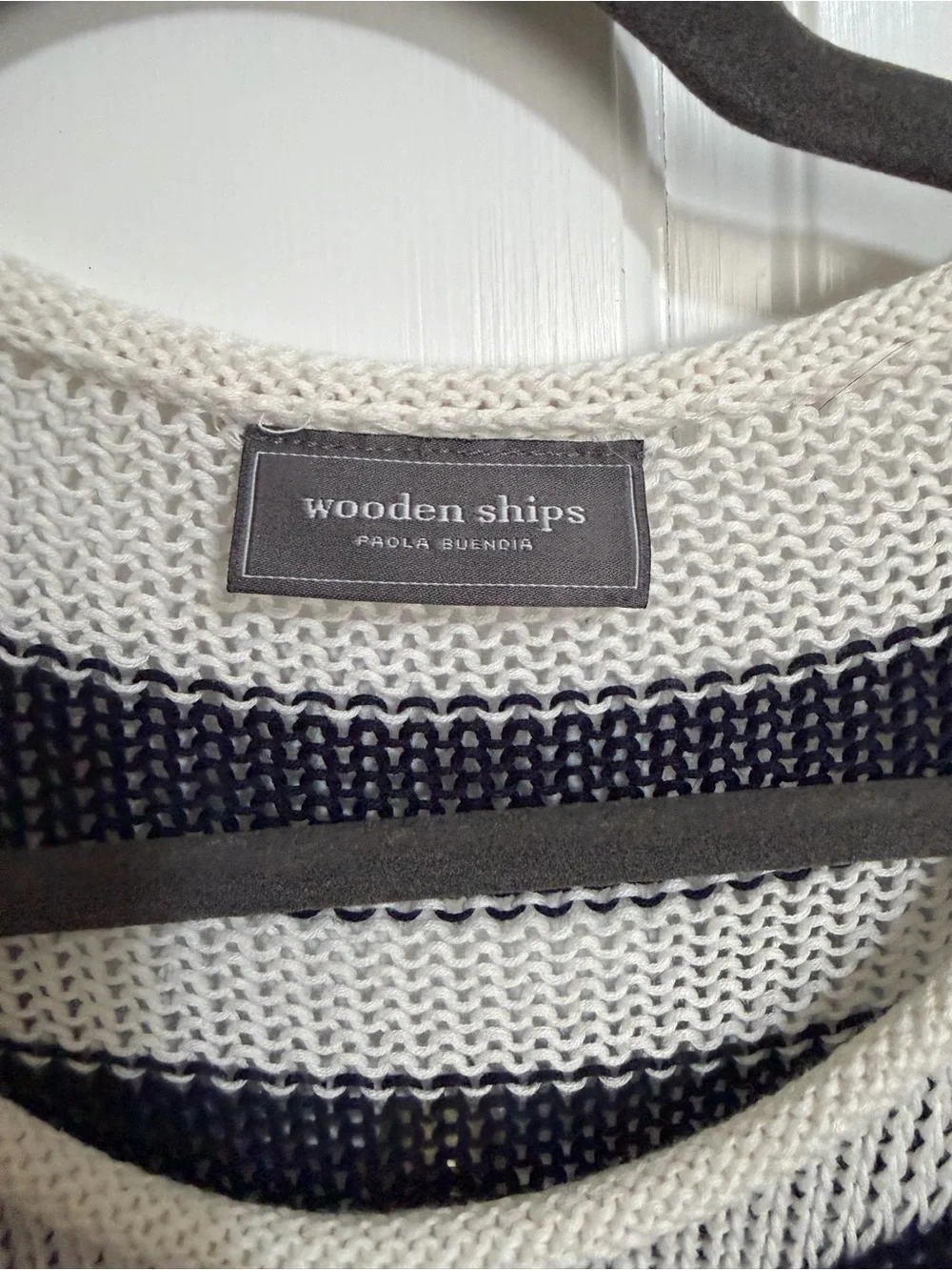 Boutique Wooden Ships Navy and White Striped Open Knit Sweater Oversized S/M - Picture 3 of 5